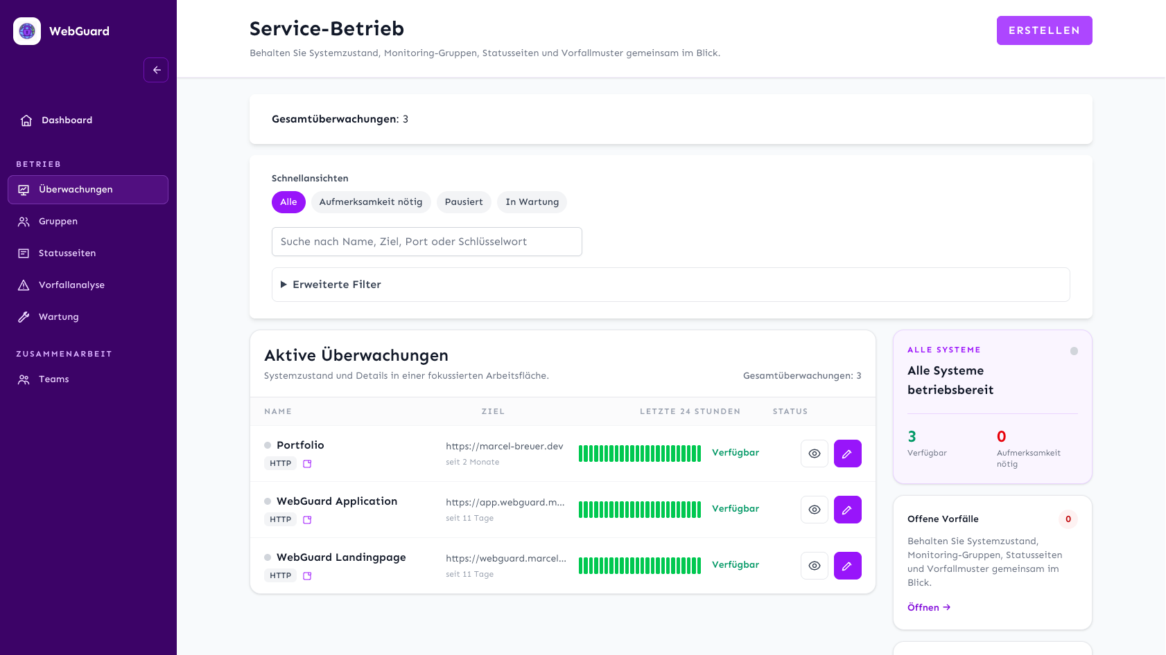 WebGuard monitoring overview with quick filters, active monitors, and system status