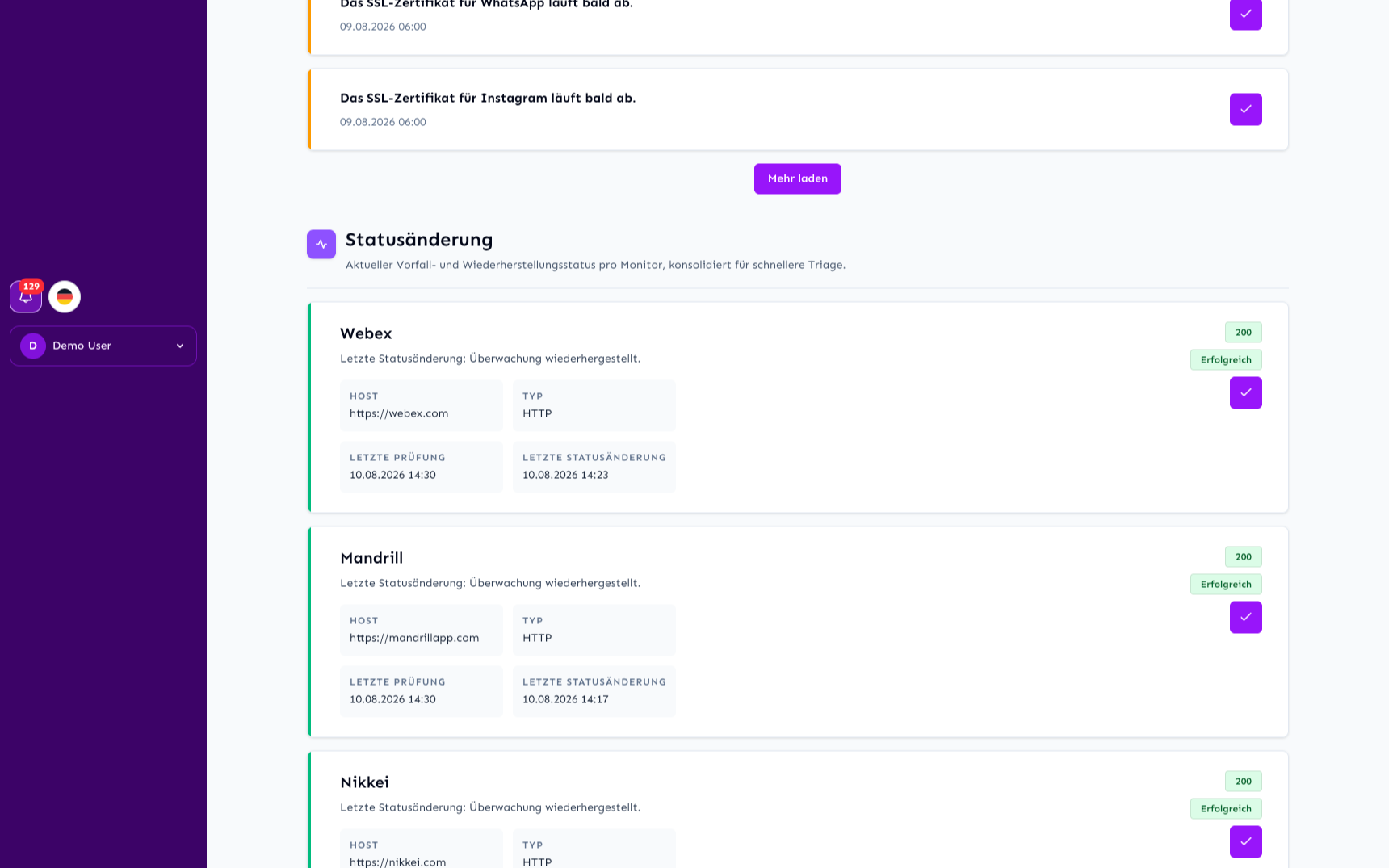 WebGuard notifications inbox with status changes, expiry risks, and channel delivery